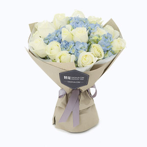 泰兴市Full love浓情鲜花系列19枝白玫瑰+蓝绣球