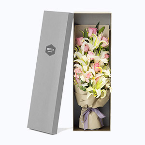 绍兴市Relative亲情鲜花系列10枝粉玫瑰+11朵白百合枪炮礼盒