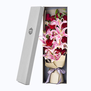 江苏省Relative亲情鲜花系列10枝红玫瑰+11朵粉百合枪炮礼盒