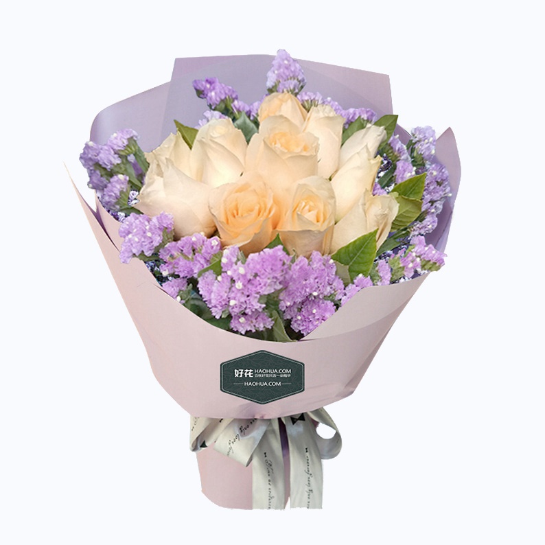 泰兴市Full love浓情鲜花系列11枝香槟玫瑰+紫色勿忘我