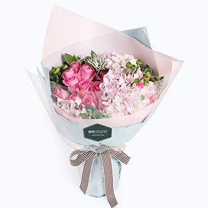 泰兴市Full love浓情鲜花系列16枝苏醒粉玫瑰+1枝粉色绣球