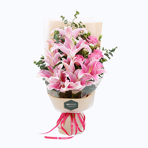 泰兴市Friendship挚友鲜花系列10朵粉百合+6枝粉玫瑰+白色相思梅
